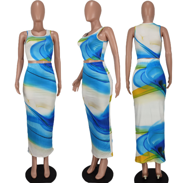 Women Sexy Crop Top +Logn Dress Two-piece Set