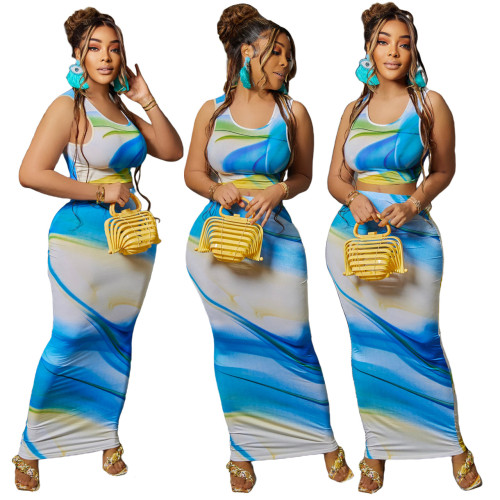 Women Sexy Crop Top +Logn Dress Two-piece Set