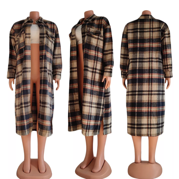 Plaid Print Cardigan Long Coat