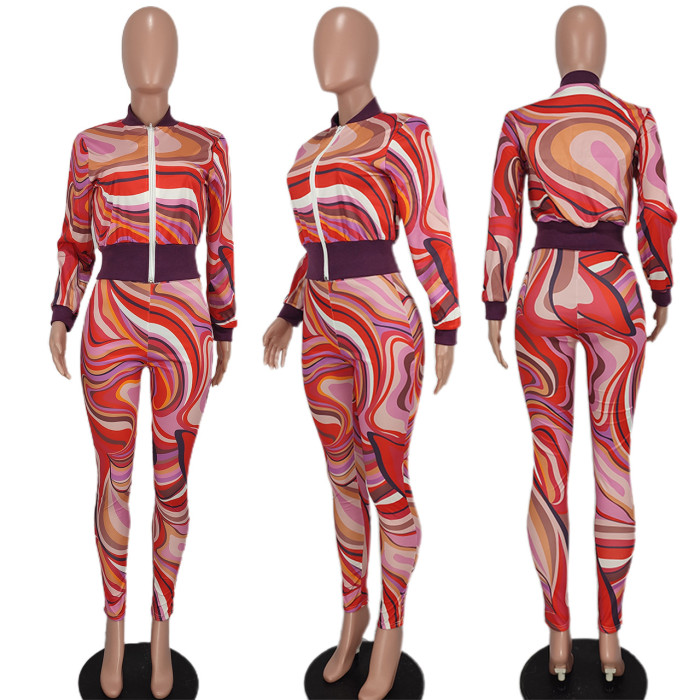 Print Cropped Zipper Jacket and Pants Two Piece Set