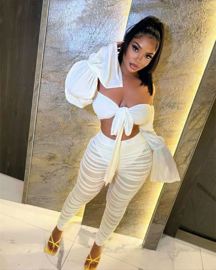 Sexy White Mesh Bow Sweetheart Puff Sleeve Crop Top and Ruched Pants Wholesale Two Piece Sets