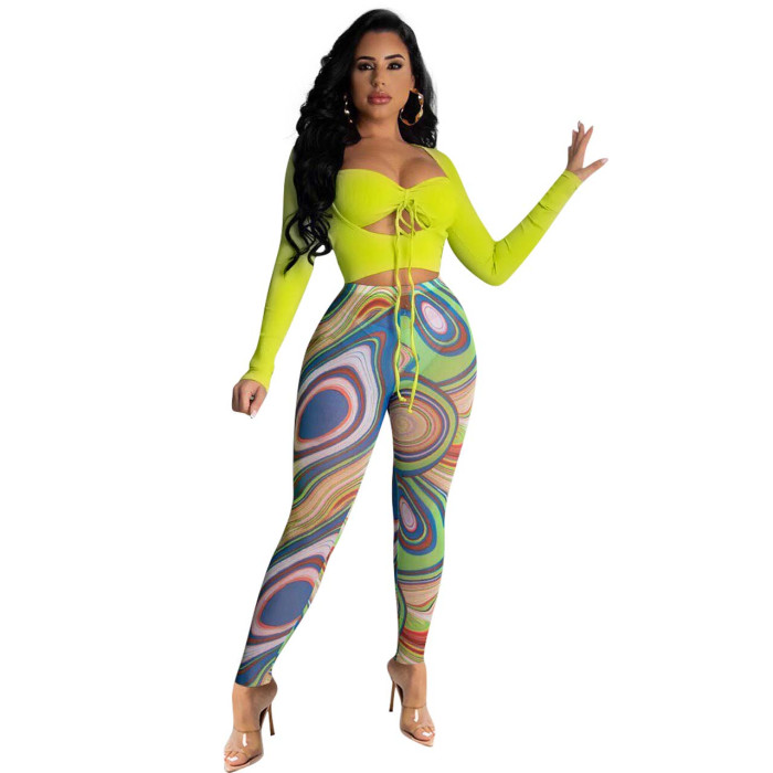 Sexy Sheer Crop Top and Print Legging Two Piece Set