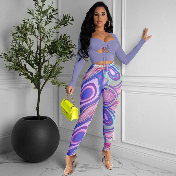 Sexy Sheer Crop Top and Print Legging Two Piece Set