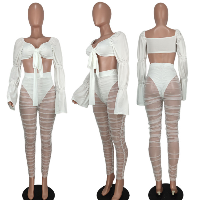 Sexy White Mesh Bow Sweetheart Puff Sleeve Crop Top and Ruched Pants Wholesale Two Piece Sets