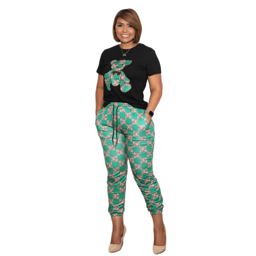 Casual Embroidery Green Bear Print two-piece Set