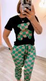 Casual Embroidery Green Bear Print two-piece Set