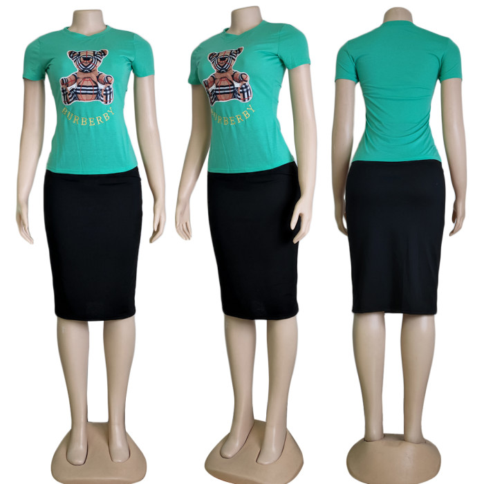 Bear Casual Print Short Sleeve + Skirt Two-piece Set