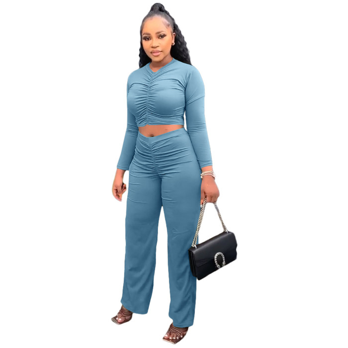 Pleated Top Pants Casual Sports Two-piece Set