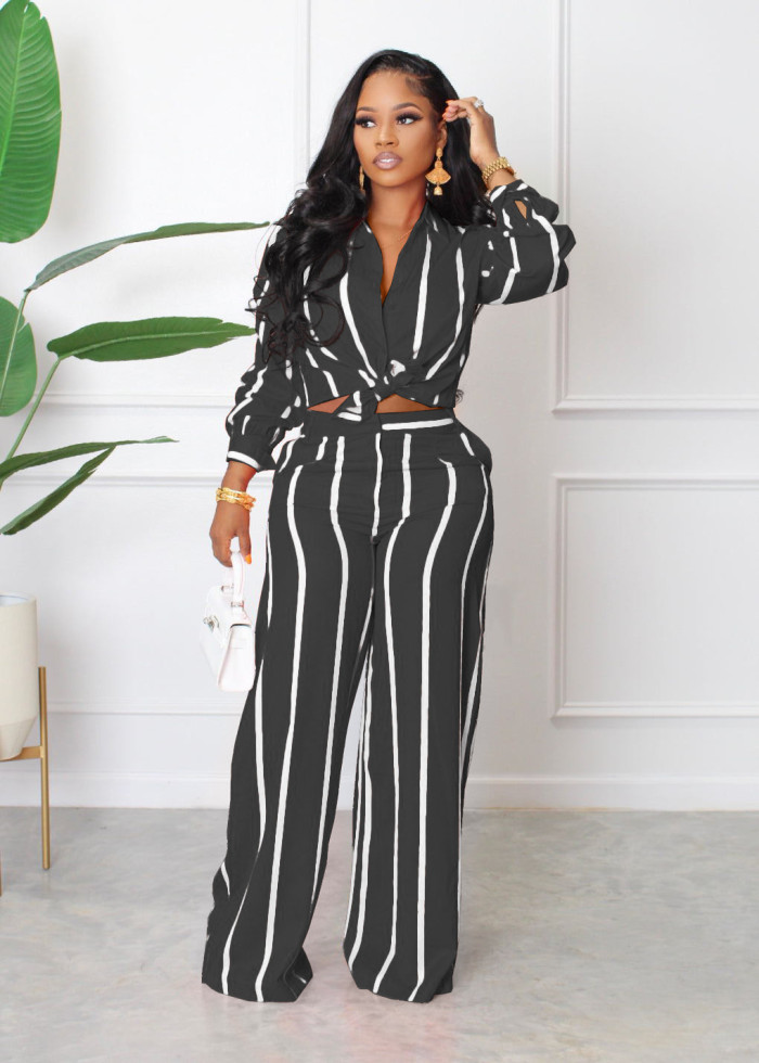 Autumn Stripe Printed Long Sleeve Shirt and Trousers Two-piece Set