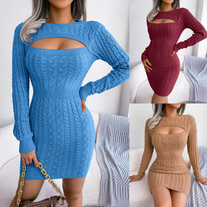 Women's Sexy Cut Out Bodycon Mini Dress Knit Sweater Long Sleeve Slim Fit Knitte Crew Neck Jumper