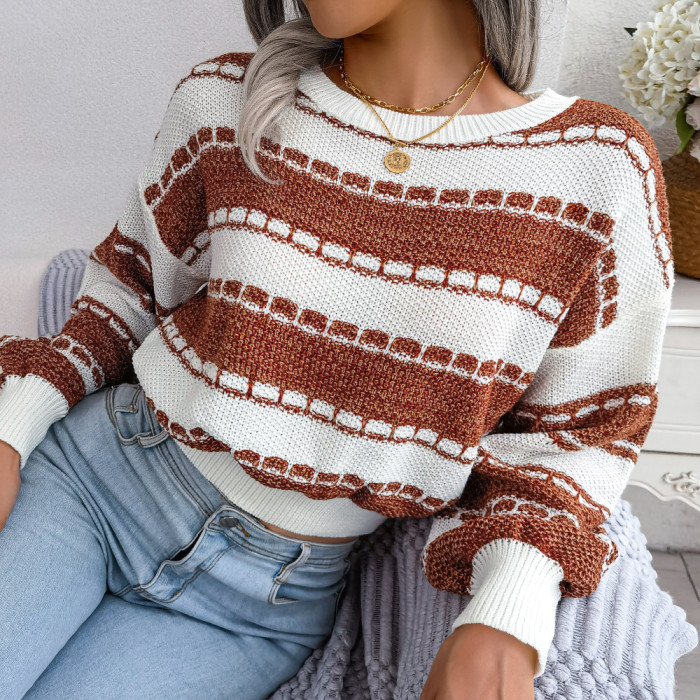 Women Color Spliced Stripes Sweater Long Sleeve Round Neck Knitted Sweater