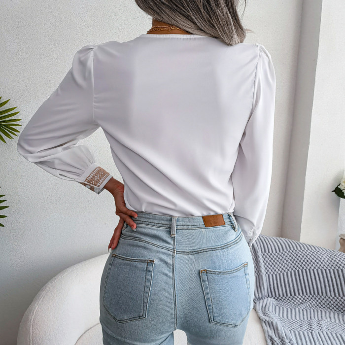 Long Sleeve Casual White Embroidery V-neck Formal Chiffon Tops Blouse Women New Top Shirts