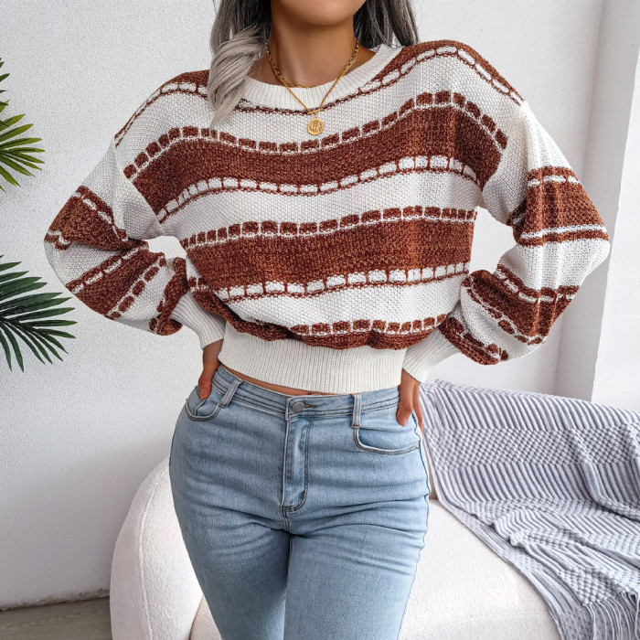 Women Color Spliced Stripes Sweater Long Sleeve Round Neck Knitted Sweater