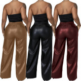 Solid Color Loose Wide Leg Pocket PU Leather Pants