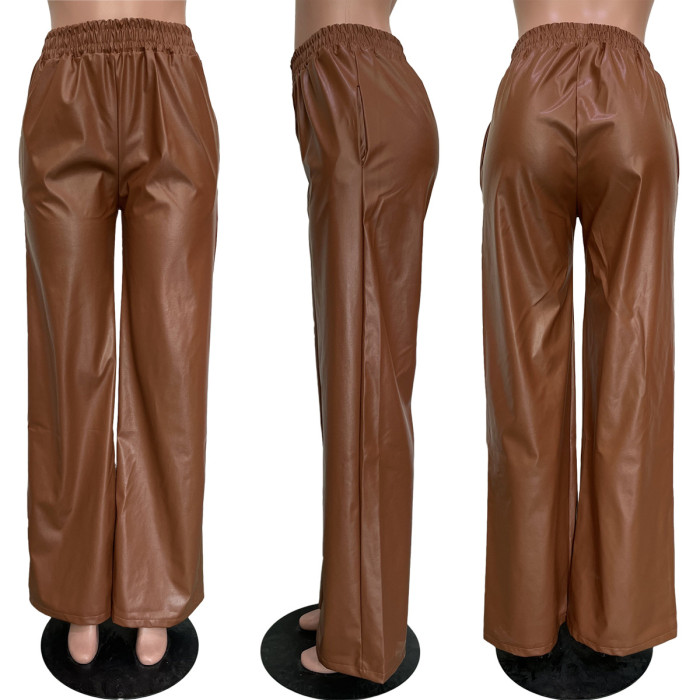 Solid Color Loose Wide Leg Pocket PU Leather Pants