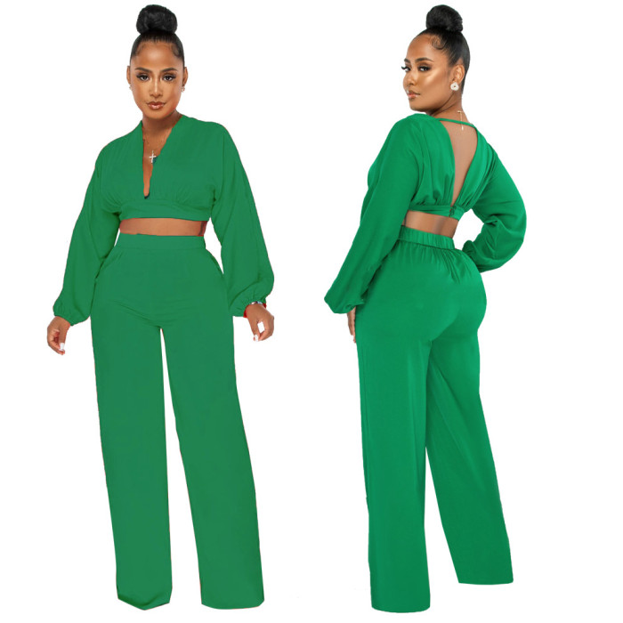 V-neck Cardigan Navel Exposed Long Sleeve Top Loose Straight Pants Sports two-piece Set