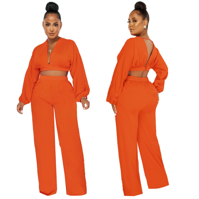 V-neck Cardigan Navel Exposed Long Sleeve Top Loose Straight Pants Sports two-piece Set