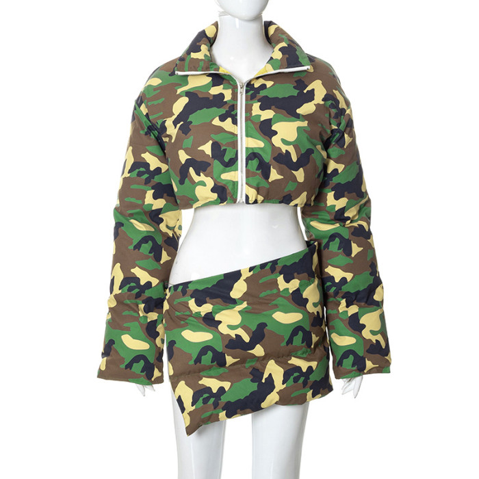 Fashion Short Cotton Clothing Camouflage Thick Coat Warm Skirt Set