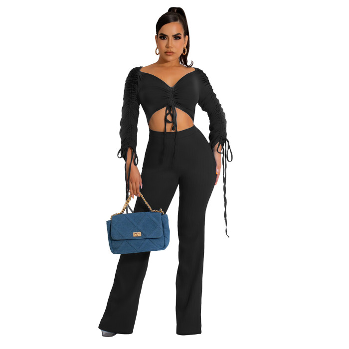 Women Fall Winter Long Sleeve Ribbed Pleated Sexy Crop Top+ Pants Two Piece