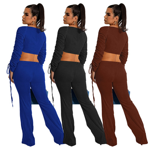 Women Fall Winter Long Sleeve Ribbed Pleated Sexy Crop Top+ Pants Two Piece
