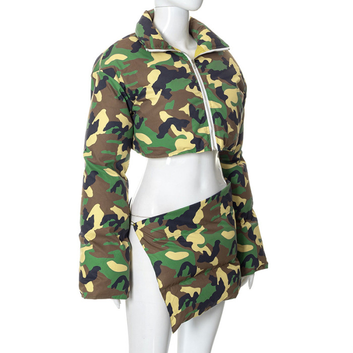 Fashion Short Cotton Clothing Camouflage Thick Coat Warm Skirt Set