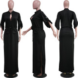 Women's Casual Fashion Stand Collar Slit Solid Dress