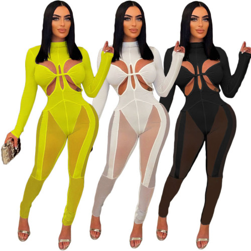 Women Mesh Patchwork Sexy Long Sleeve Jumpsuit