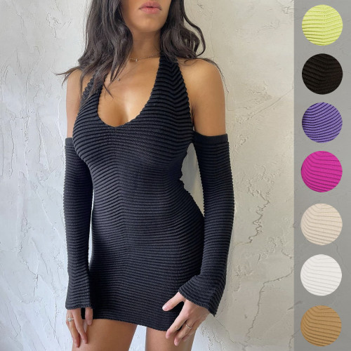 Knit Halter Party Dress With Gloves For Women