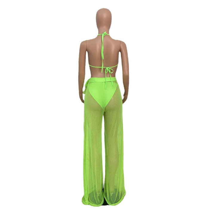 Bikini Swimsuit+see through mesh pants Three-Piece