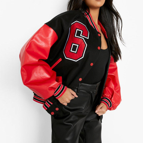 Winter Casual With PU Letter Sleeve Contrast Sport Jacket