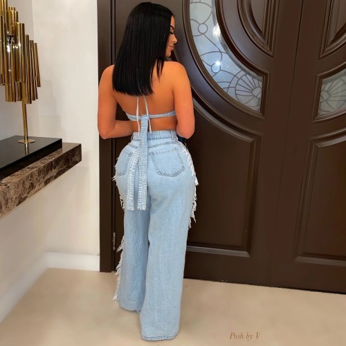Casual Sexy Strap Halter Neck Ripped Fringe Denim Two Piece Pants Set