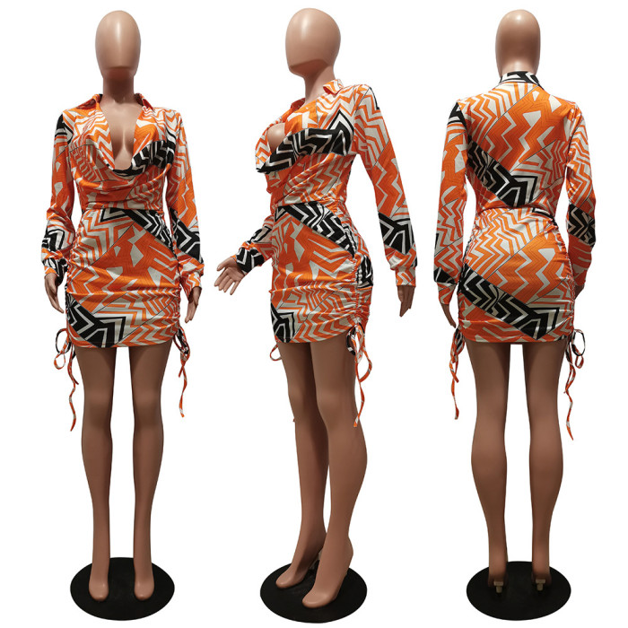 Fashionable Printed Pile Neck Waist Drawstring Dress