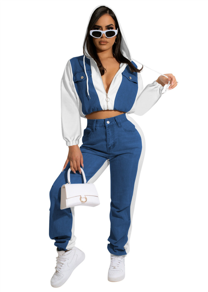 Women Casual Patchwork Denim Hooded Top+ Pants Two-Piece Set