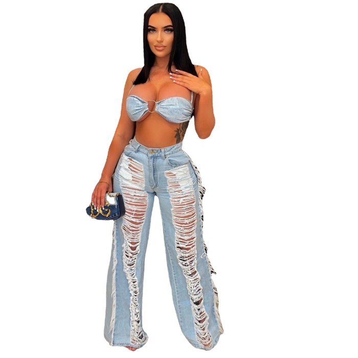 Casual Sexy Strap Halter Neck Ripped Fringe Denim Two Piece Pants Set