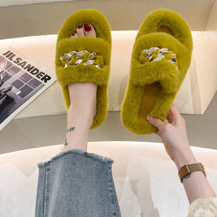 Metal Chain Thick Bottom Woolen Slippers