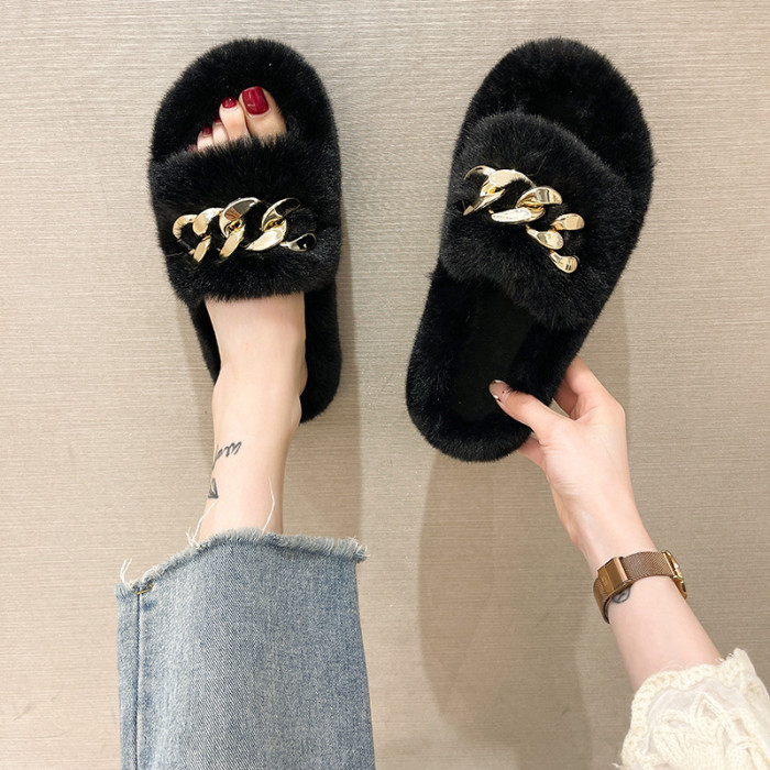 Metal Chain Thick Bottom Woolen Slippers