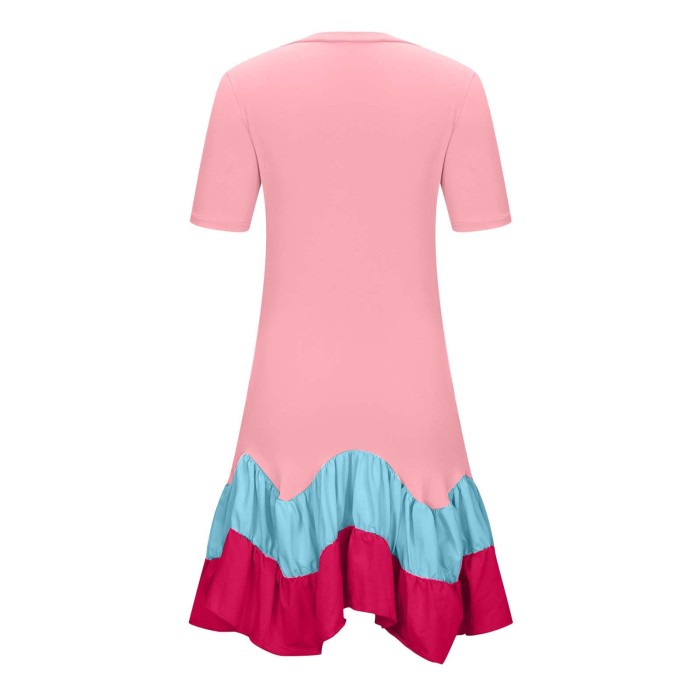 Color Blocking Short Sleeve Pleated Dress