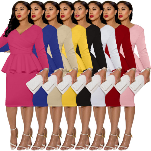 Women Fashion Office Ladies Solid V-neck Ruffled Slim Dress
