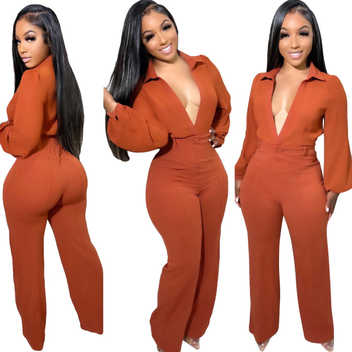 Sexy V-Neck Long Sleeve Tight Shirt Jumpsuit