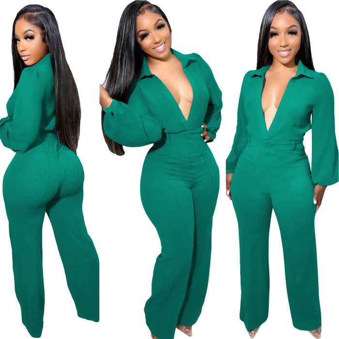 Sexy V-Neck Long Sleeve Tight Shirt Jumpsuit