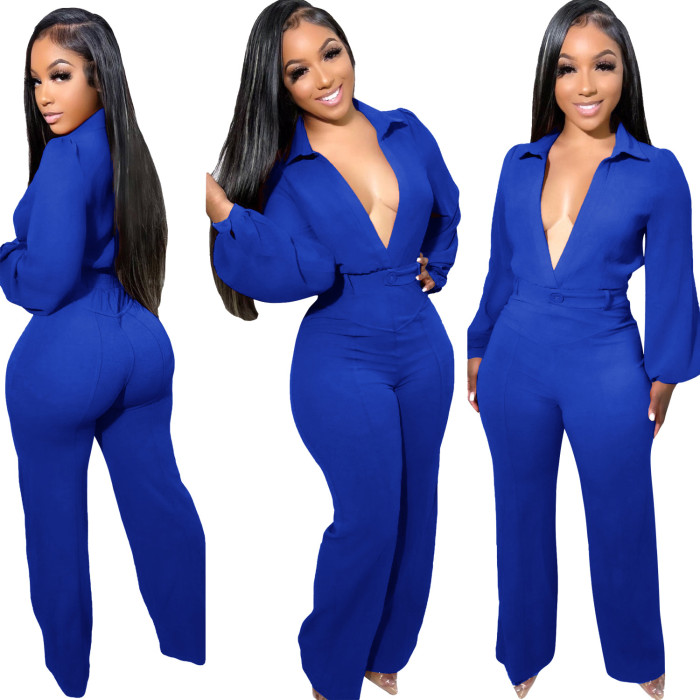 Sexy V-Neck Long Sleeve Tight Shirt Jumpsuit