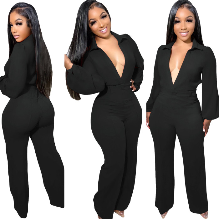 Sexy V-Neck Long Sleeve Tight Shirt Jumpsuit