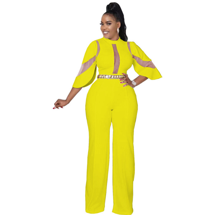 Women Fall Sexy Round Neck Mesh Patchwork Jumpsuit