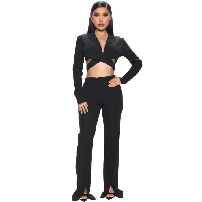 Women Cross Lace-Up Long Sleeve Crop Top+ Slit Pants Two Piece Suits