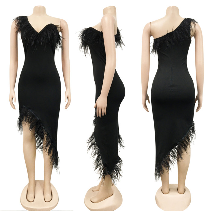 Solid Color V-neck Sleeveless Feather Irregular Mid Dress