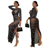 Black Mesh Sparkly Silver Rhinestones Transparent Long Dress