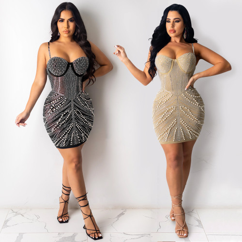 Beaded Sexy Strap Mini Bodycon Dress