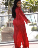 Women Clothes Bra Sexy See-Through Cardigan Wide-Leg Trousers Three Piece Set