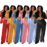Women Clothes Bra Sexy See-Through Cardigan Wide-Leg Trousers Three Piece Set