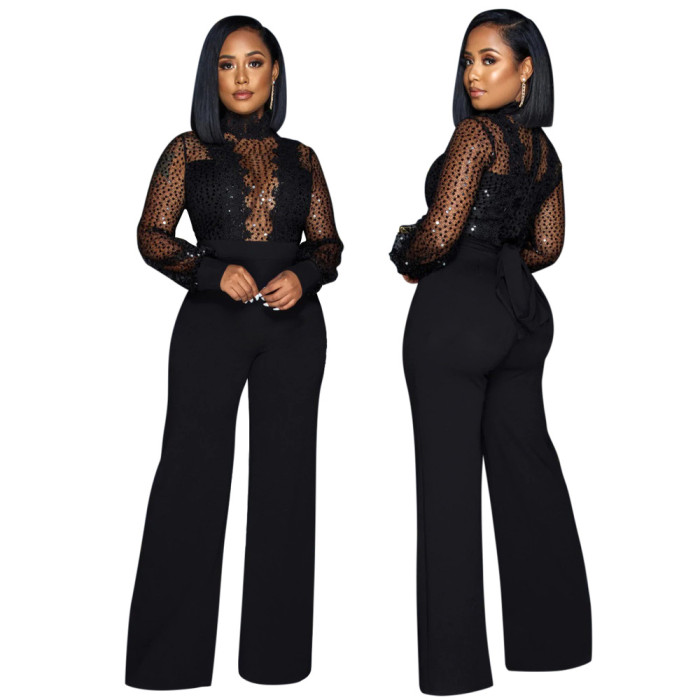 Women Turtleneck Sequined Lace See-Through Long Sleeve Loose Jumpsuit